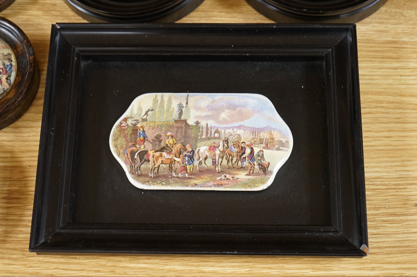 Ten various pot lids, including a rectangular shaped pot lid and frame; Wouvermann Pinx. 15cm wide not including frame.